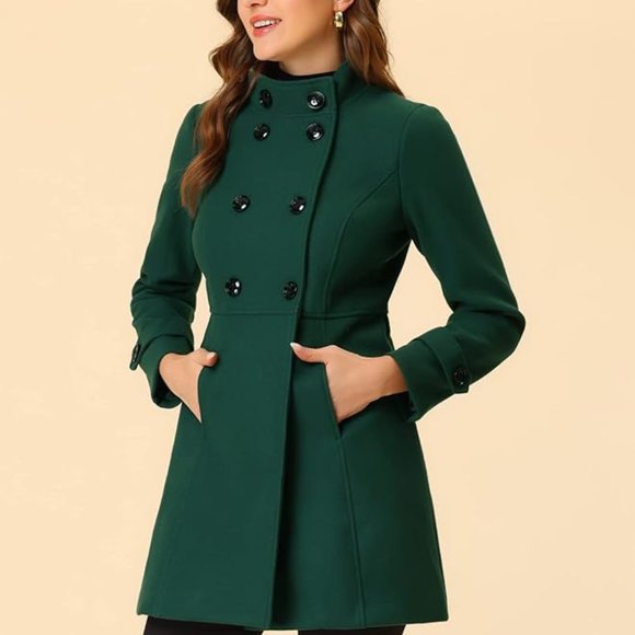 Allegra K Women's Stand Collar Double Breasted Slant Pockets Trendy Outwear - Picture 5 of 6